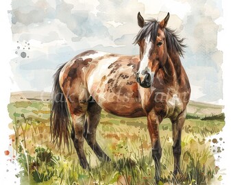 水彩画の馬のクリップアートバンドル：田園風景のイラスト（デジタル