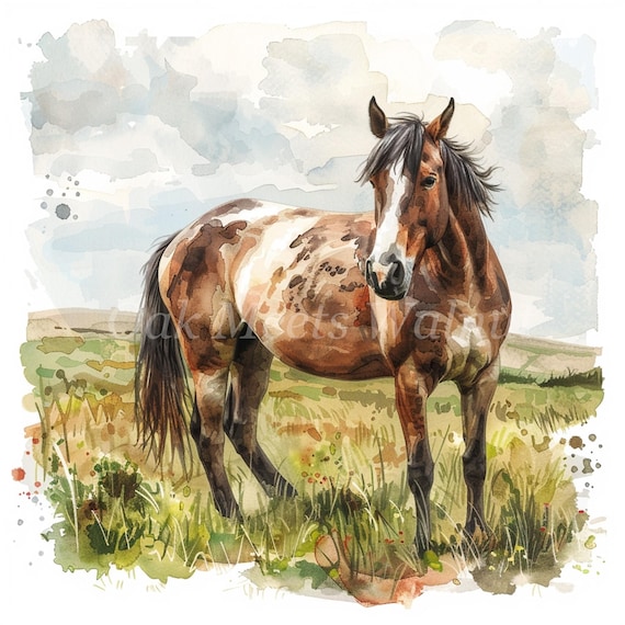 水彩画の馬のクリップアートバンドル：田園風景のイラスト（デジタル