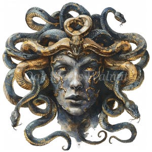 Può includere: Un dipinto ad acquerello di Medusa, una figura mitologica greca con capelli di serpente. Il suo viso è severo e i suoi occhi sono dorati. I serpenti sono un mix di nero e oro.