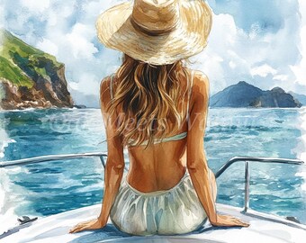 ヨットに乗った水彩画の女性のクリップアート：夏のセーリングイラスト