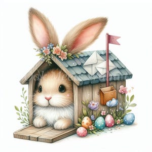 May include: A brown bunny rabbit with pink ears peeks out of a wooden birdhouse with a blue roof. The birdhouse has a small mailbox and a flag on top. There are colorful Easter eggs scattered around the base of the birdhouse.