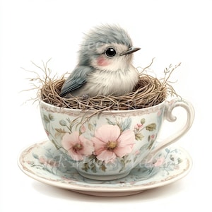 18 süße Vögel in einem Teetassen-Nest-Bundle- Hochwertige Aquarell JPGs, druckbares Bild, digitaler Download, Papiermodell, Junk Journal Sammelalbum
