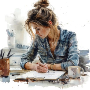Pacchetto di clipart di scrittura di donna - 10 JPG di acquerelli di alta qualità, grafica di album di ritagli, stampabile, download digitale, artigianato di carta