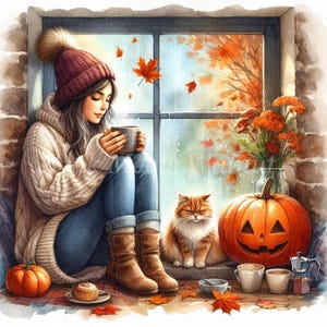 Cozy Autumn Girl Clipart Bundle -10 High Quality Watercolor JPGs, Digital Download, Paper Craft, Pretty Woman Graphics, Junk Journal