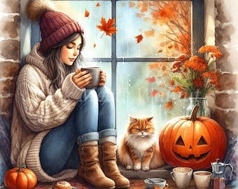 Cozy Autumn Girl Clipart Bundle: Watercolor Fall Graphics (Digital Download)