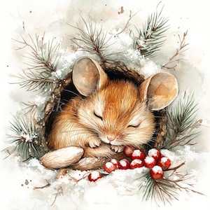 Sleeping Christmas Mouse Watercolor Clipart: Holiday JPGs (Digital Download)