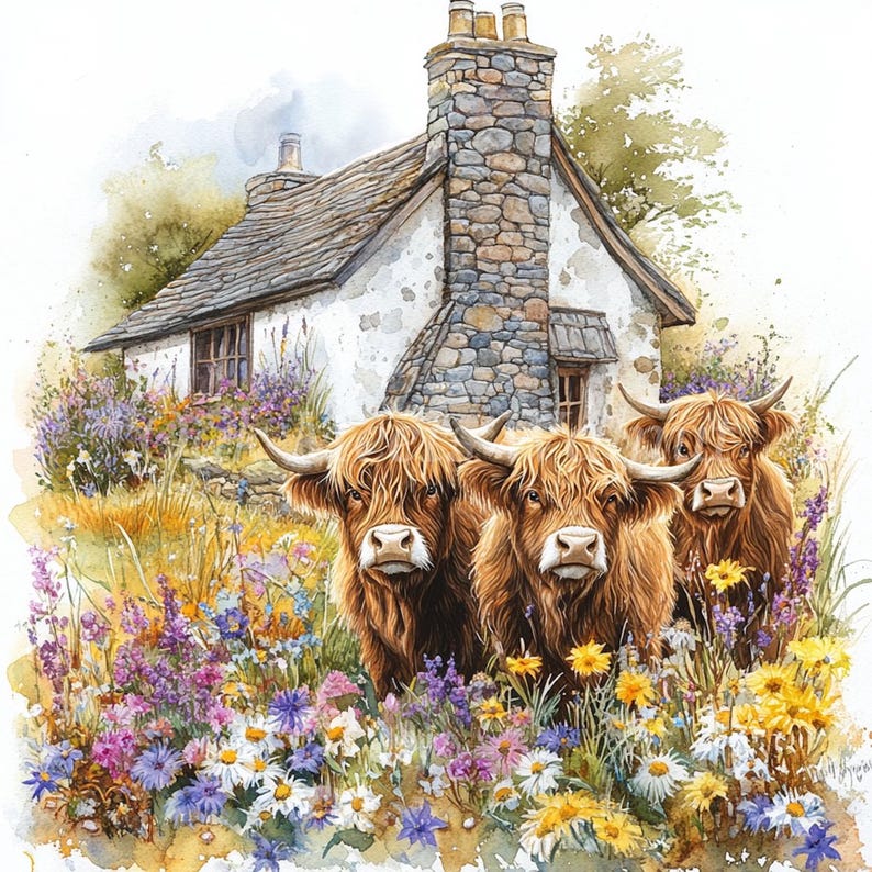 Watercolor Highland Cow Clipart Bundle: Farm Animal Illustrations ...