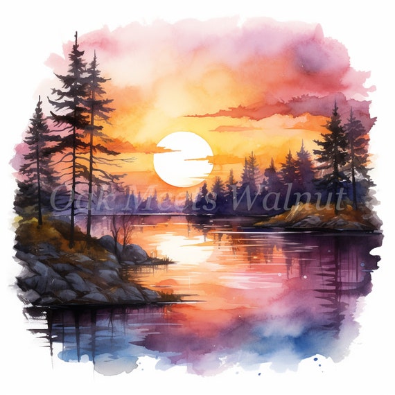 水彩画風の夕焼け湖のクリップアート：10枚のJPG、印刷可能な風景画