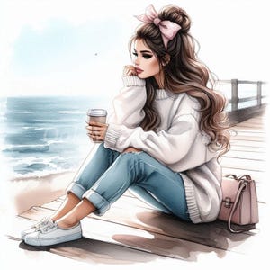 Woman drinking Coffee at the Pier Clipart Bundle- 10 High Quality Watercolor JPGs, Printable Images Digital download Junk journal, Scrapbook
