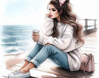 Watercolor Woman Coffee Clipart Bundle: Pier Scene (Digital Download)