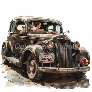 May include: A black vintage car with a "just married" number plate, decorated with flowers, and a couple inside. The car is driving down a road with fallen leaves.