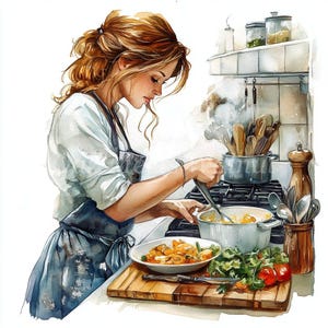 Woman Cooking Watercolor Clipart Bundle (Digital Download)