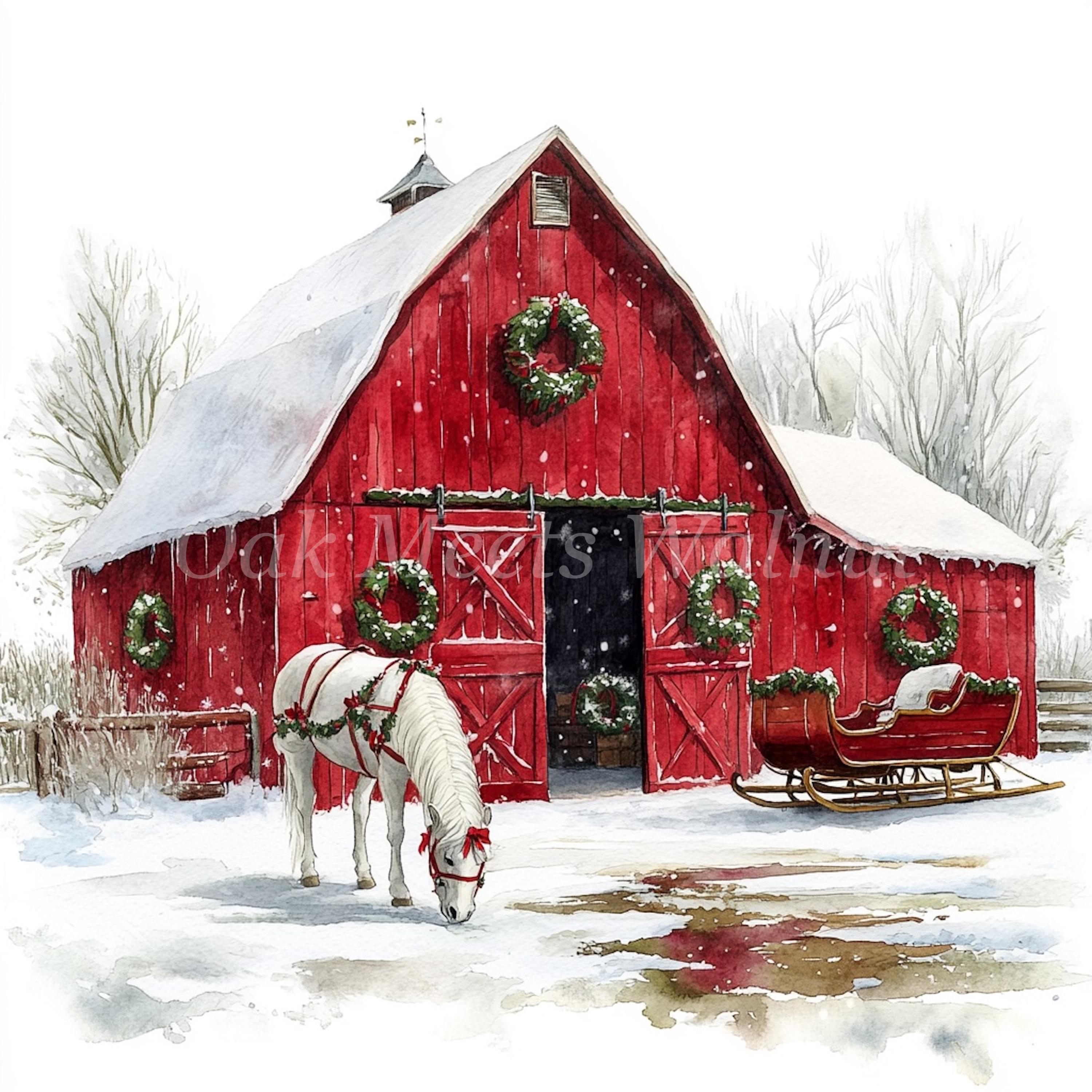 Watercolor Winter Barn Horse Clipart: Holiday JPG Bundle (digital ...