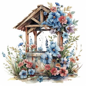Floral Wishing Well Clipart Bundle- 10 High Quality Watercolor JPGs, Printable Images, Digital download, Paper craft, Junk journal