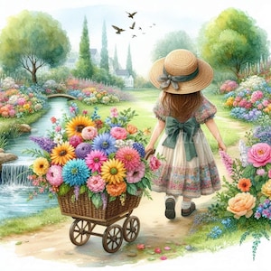 Mädchen mit Blumen Warenkorb Clipart Bundle-10 hochwertige Aquarell JPGs, Scrapbooking Sublimation, Printable Digital Download Junk Journaling