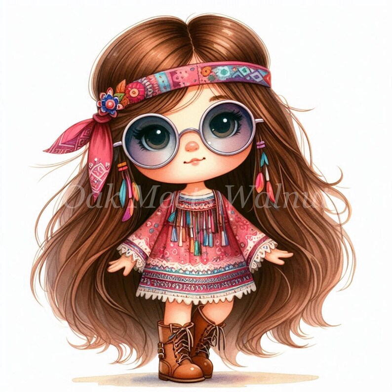 Whimsy Hippy Watercolor Hippie Girl Clipart Bundle: Junk Journal Graphics (digital ...