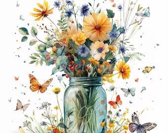 Mason Jar Flowers Clipart: Watercolor Floral Illustrations (Digital Download)