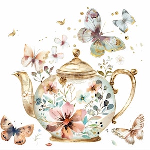 Floral Teapot With Golden Glitter Clipart Bundle-10 High Quality Watercolor JPGs,  Glass Teapot, Digital Download, Paper Craft, Junk Journal