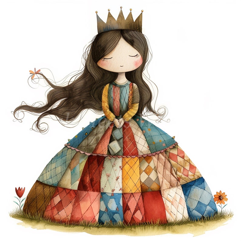 Patchwork Princess Watercolor Clipart: Quilt Fabric Illustrations ...