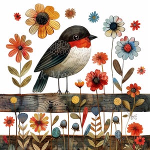 Folk Art Bird on Fence Clipart Bundle- 10 High Quality Watercolor JPGs, Scrapbook Graphics, Printable Digital download, Junk Journaling