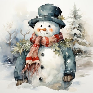 Vintage Snowman in Winter Scenery Clipart Bundle- 10 High Quality Watercolor JPGs- Christmas, Junk Journaling, Scrapbook, Digital Download