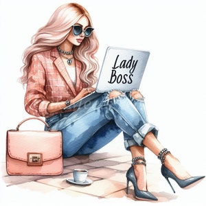 Lady Boss - 10 fichiers JPG aquarelles de haute qualité, Fashion Girl, Téléchargement numérique, Créations en papier, Carnet de bord, Utilisation commerciale, Images imprimables