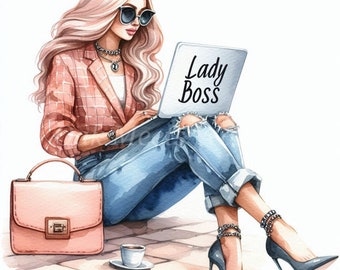 May include: A woman wearing a plaid shirt and ripped jeans sits with a laptop that says "Lady Boss" on the screen. She is wearing sunglasses and has long blonde hair. She is also wearing black high heels and a pink handbag.
