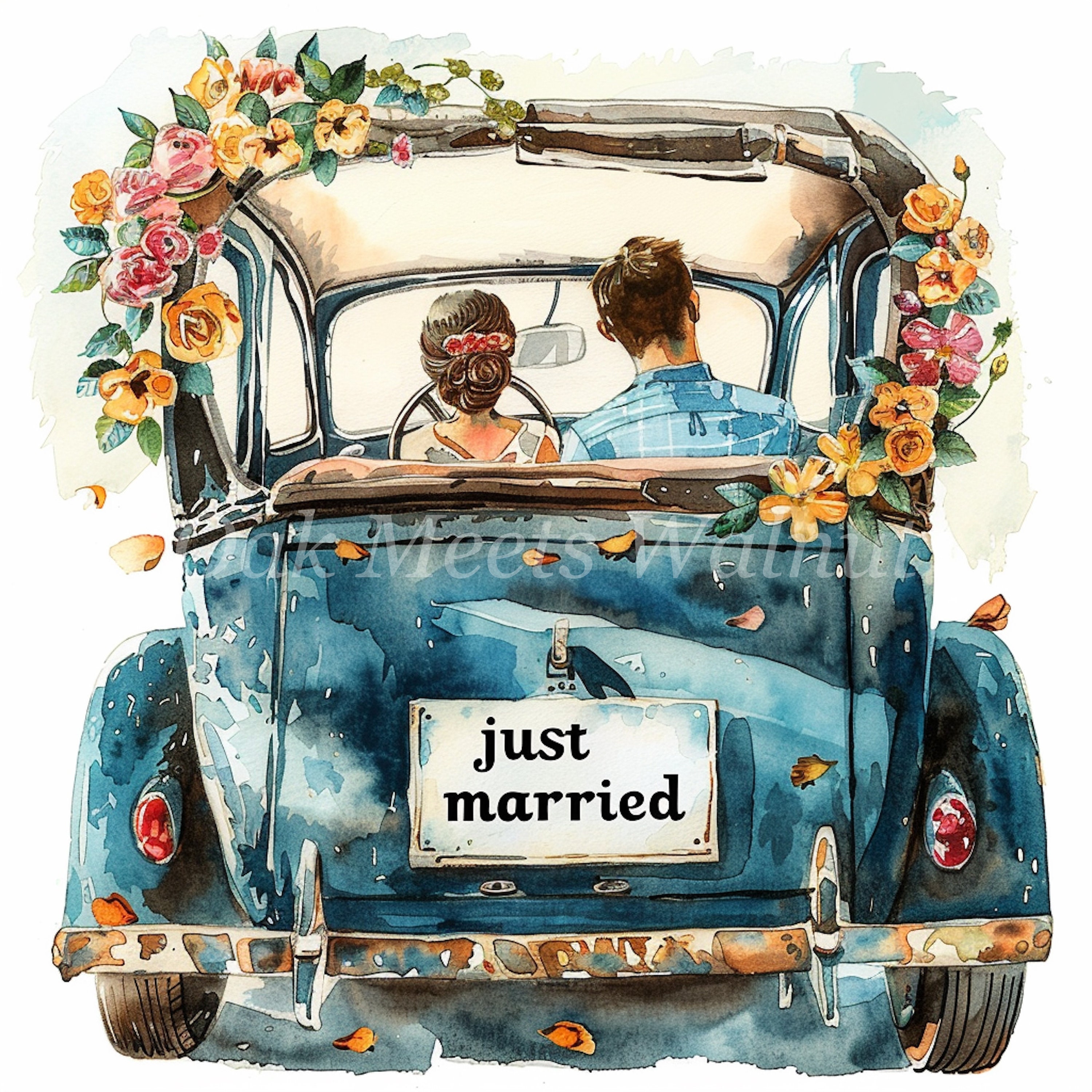 Watercolor Just Married Car Clipart: Vintage Wedding Images (digital ...