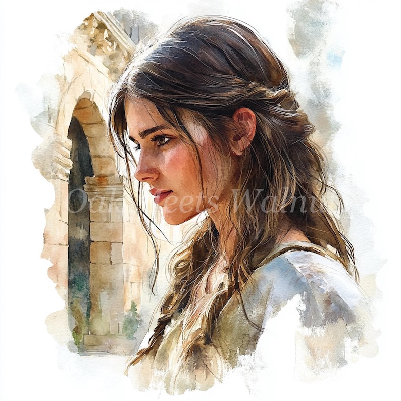 May include: A watercolor painting of a woman with long brown hair, wearing a white dress, standing in front of an archway. The woman is looking to the side, and her expression is thoughtful.