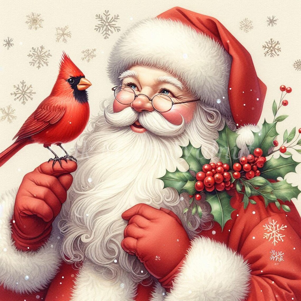 Vintage Santa Cardinal Clipart: Watercolor Christmas Illustrations ...