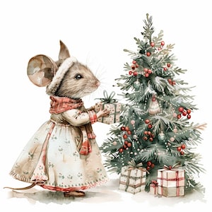 May include: A watercolour illustration of a cute mouse wearing a red and white dress and a white hat, holding a gift box in front of a decorated Christmas tree with red berries and ornaments.
