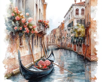 ヴェネツィアのゴンドラの水彩画クリップアート、ロマンチックな運河の