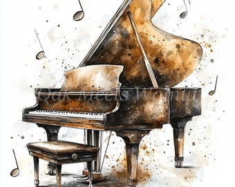Può includere: Un dipinto ad acquerello di un pianoforte a coda con il coperchio aperto. Il pianoforte è marrone e nero con una tastiera bianca. Il pianoforte è circondato da note musicali. Il dipinto ha un aspetto vintage.