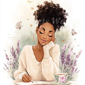Watercolor African American Woman Journaling Clipart: Scrapbook ...