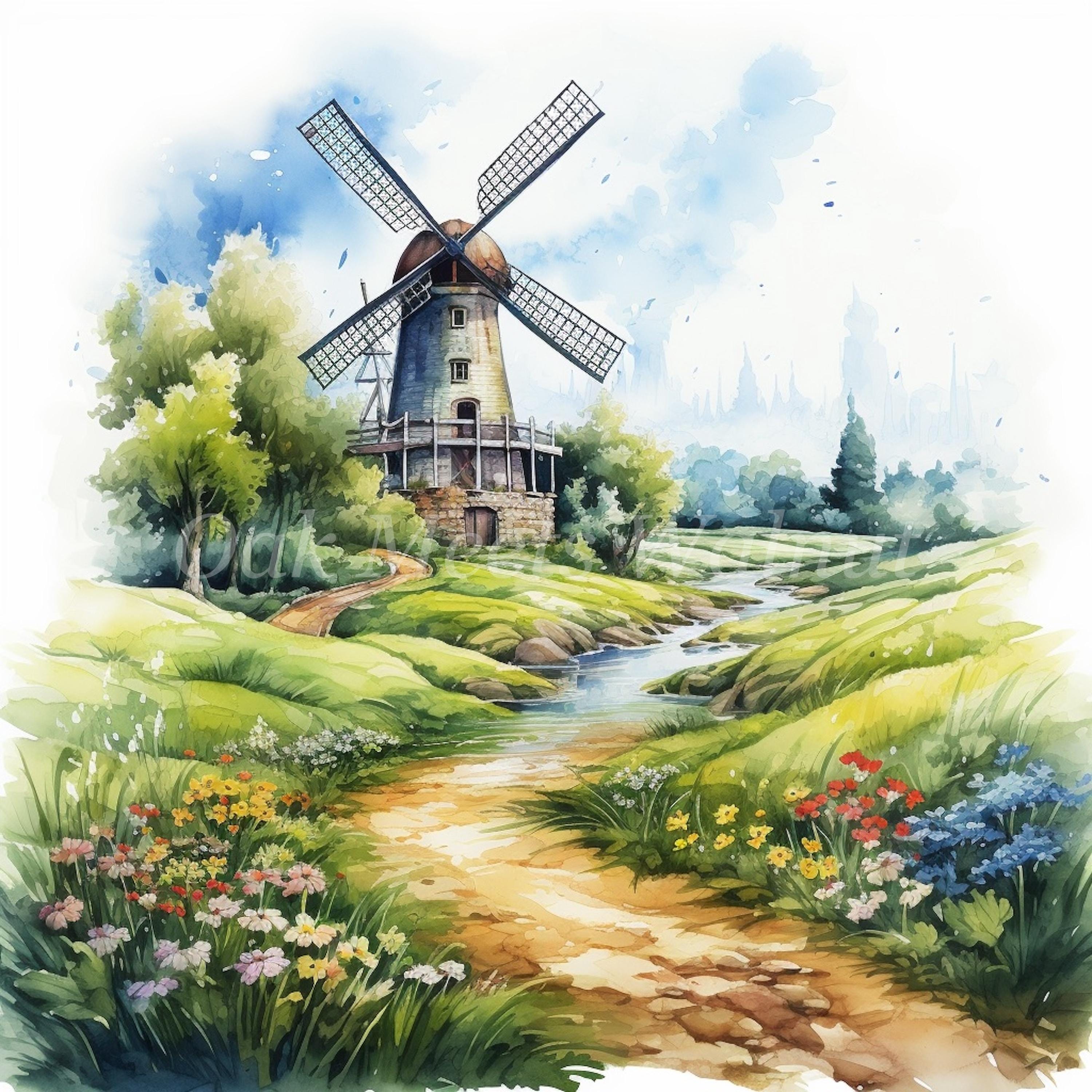水彩風車の風景クリップアート：農場の風景 JPG バンドル（デジタル