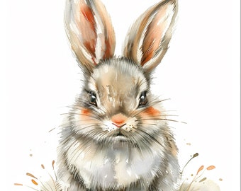 May include: A watercolor painting of a cute gray rabbit with brown ears and a pink nose. The rabbit is sitting on a white background with some brown and orange watercolor splatters.
