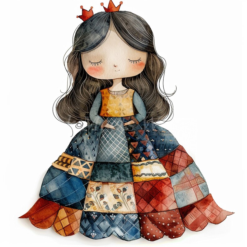 Patchwork Princess Watercolor Clipart: Quilt Fabric Illustrations ...