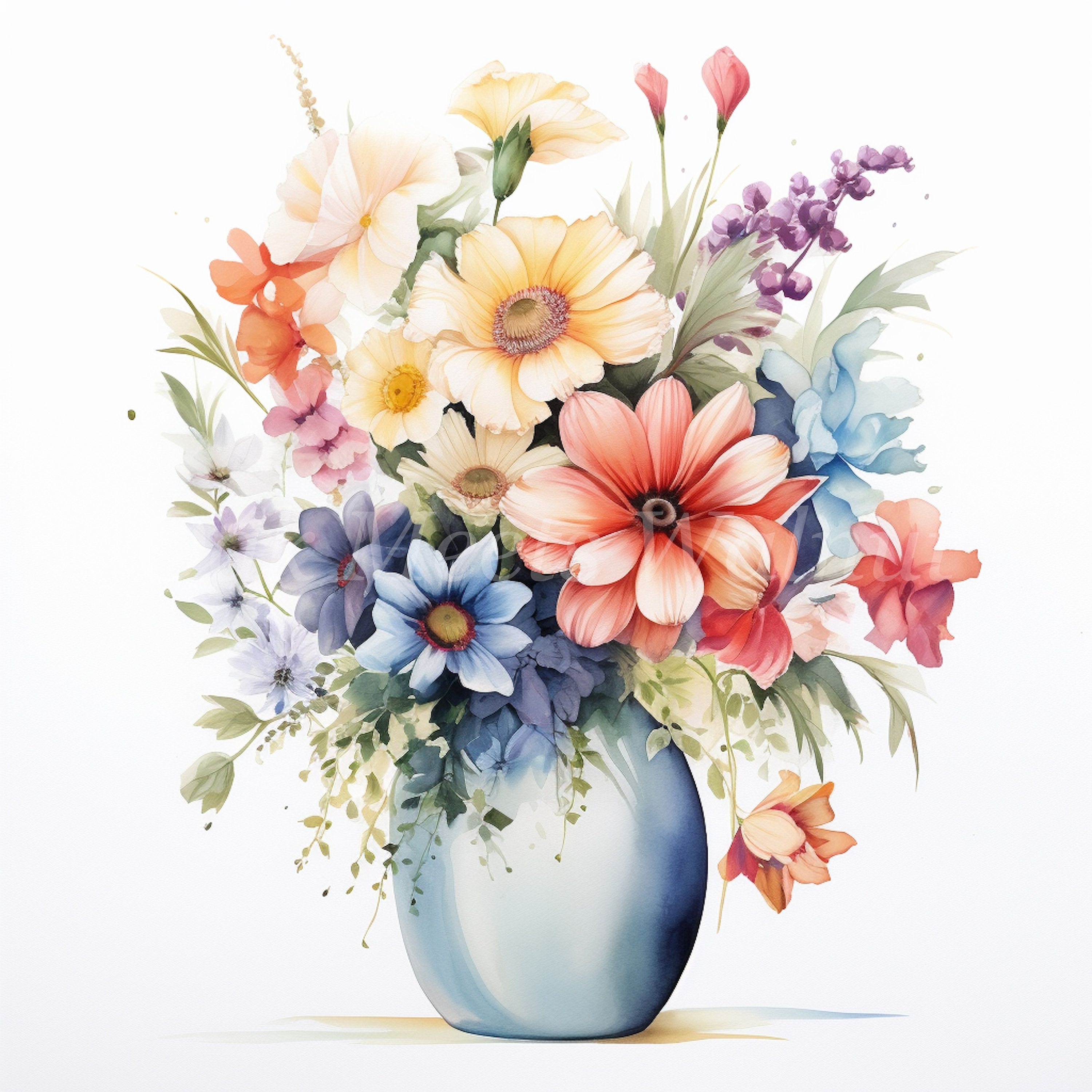 水彩画の花瓶クリップアート：花柄グラフィックバンドル（デジタル