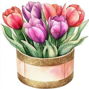 Hatbox with Tulips Bundle- 10 High Quality Watercolor JPGs, Mixed Media, Floral Printable Images, Flowers Digital download, Junk journal