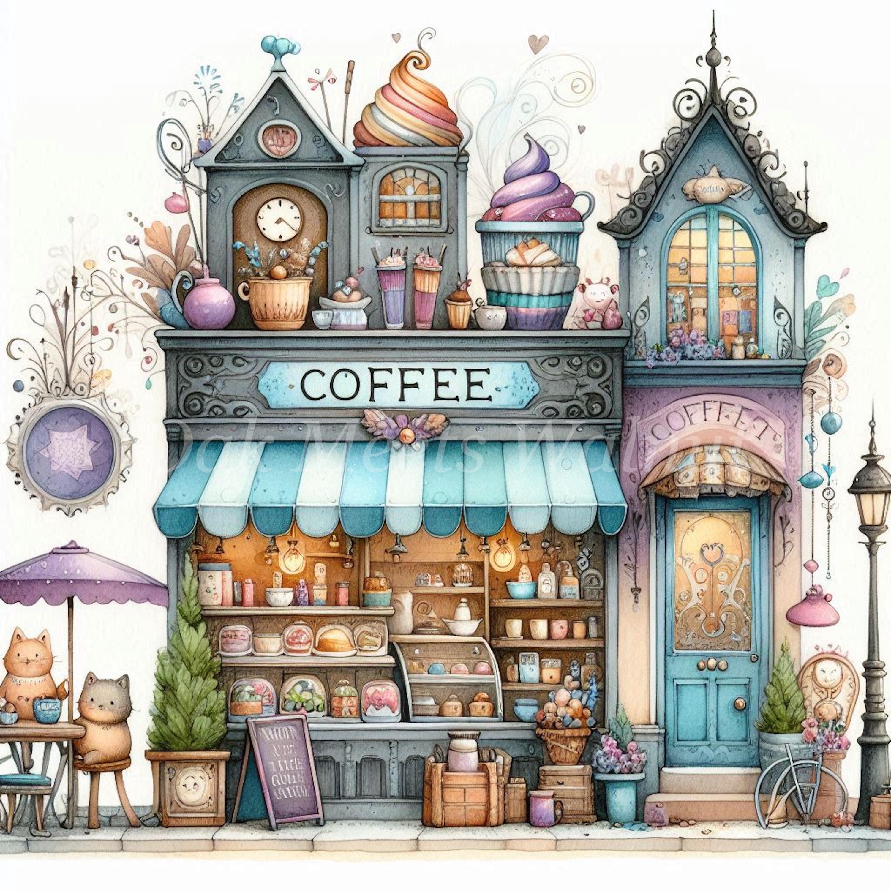 Watercolor Coffee Shop Clipart – Printable Cafe Illustrations (digital ...