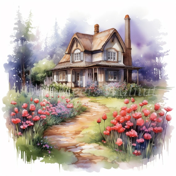 水彩画の花の庭のクリップアート：湖畔の家のイラスト（デジタル