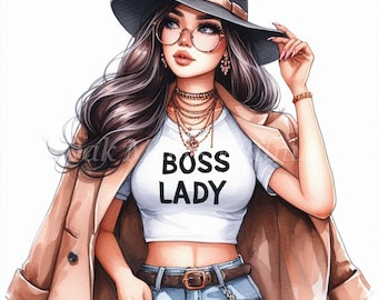 May include: A watercolor illustration of a woman wearing a brown coat, a white t-shirt with the text "Boss Lady", blue jeans, and a black fedora. She is wearing gold necklaces and earrings.