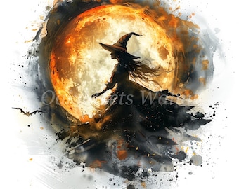 Witch in Full Moon Watercolor Clipart Bundle (Digital Download)