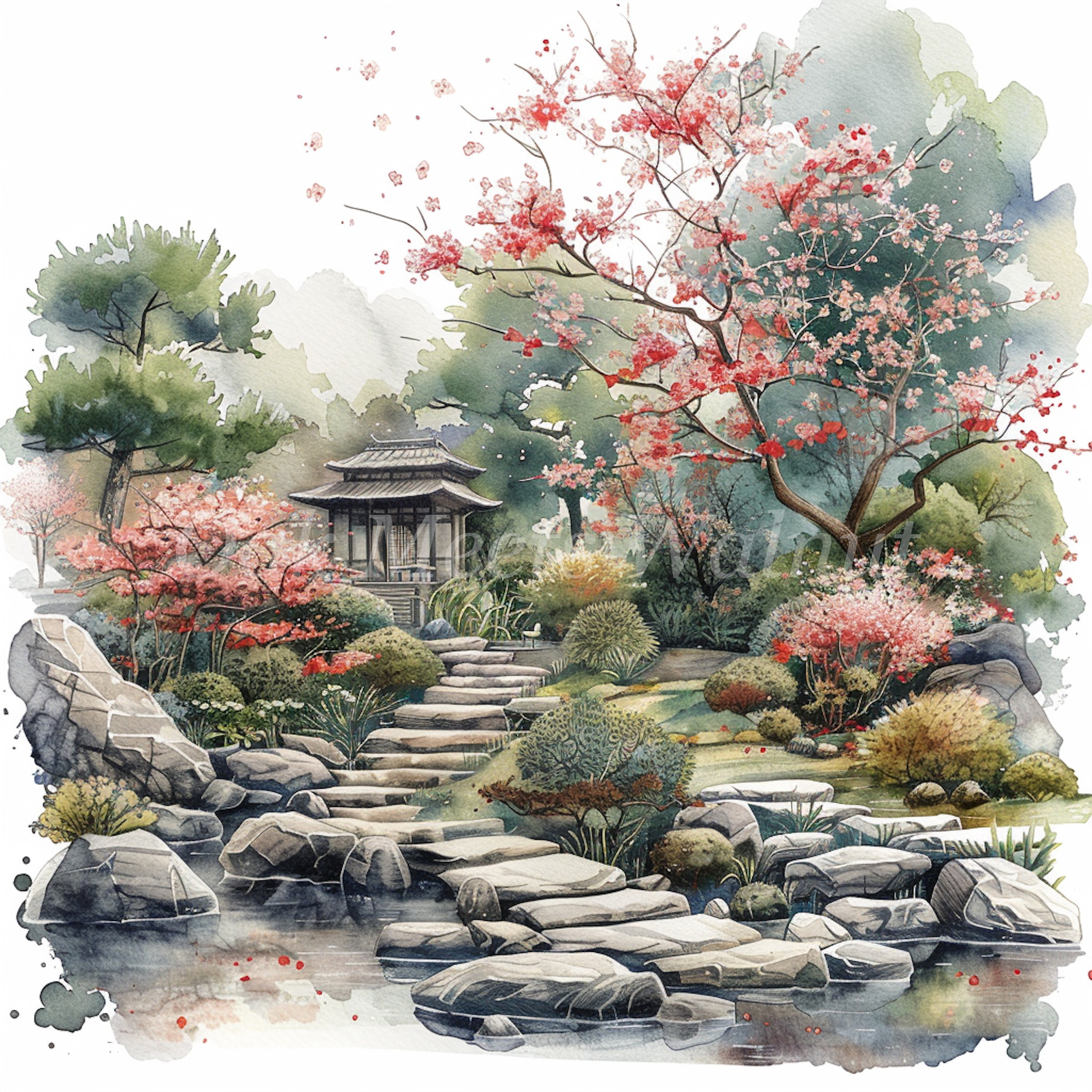 日本庭園の水彩画クリップアート：春の風景イラスト（デジタル