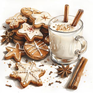 Puede incluir: Una taza de vidrio llena de eggnog, cubierta con canela y nuez moscada, y adornada con palitos de canela. En el fondo, una pila de galletas de jengibre decoradas con glaseado blanco y copos de nieve.
