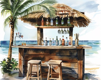 Akvarell strandbar Clipart: Tropiskt landskap JPG-paket (digital nedladdning)