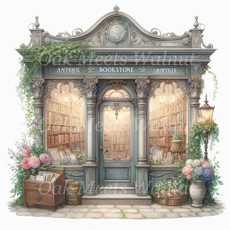Antique Bookstore Clipart Bundle: Watercolor Bookshop Graphics (JPG ...