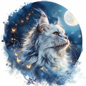 Cat Moon and Fireflies Clipart Bundle- 10 High Quality Watercolor Jpgs ...