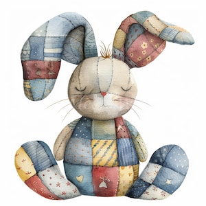 Könnte beinhalten: Ein Patchwork-Hasenspielzeug aus blauem, rotem, gelbem und weißem Stoff. Der Hase hat geschlossene Augen und eine genähte Nase.