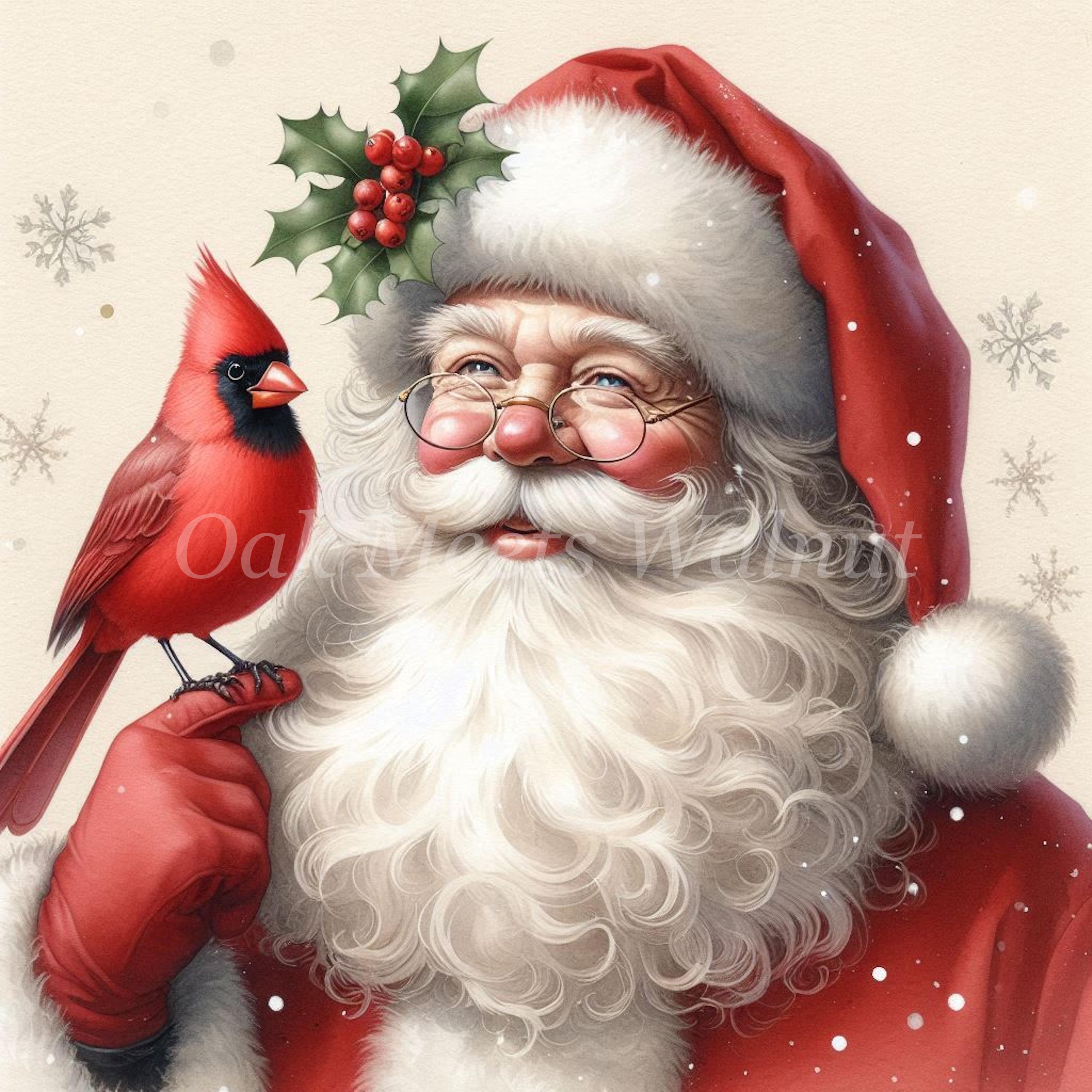 Vintage Santa Cardinal Clipart: Watercolor Christmas Illustrations ...